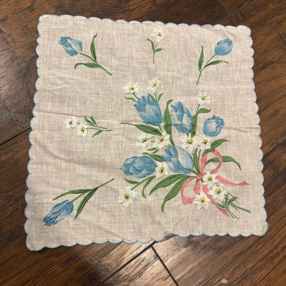 Vintage Spring Blue Tulip Bouquet Pink Ribbon Scallop Edge Scarf Handkerchief